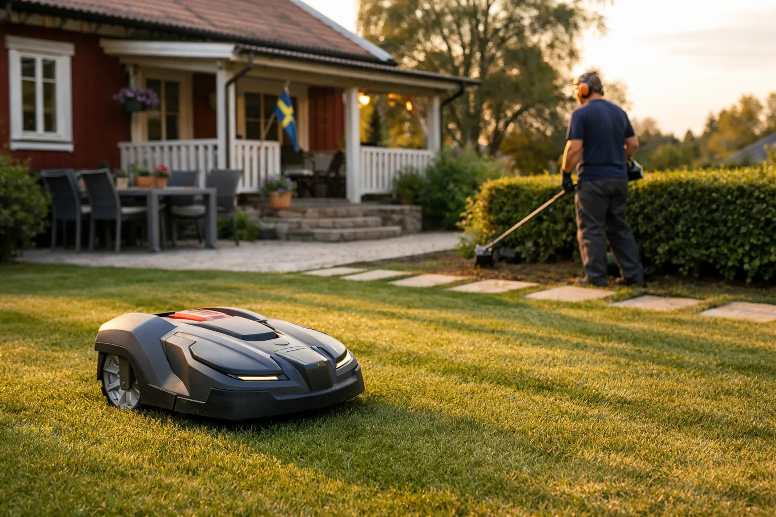 Robotgräsklippare klipper en gräsmatta vid ett trähus.