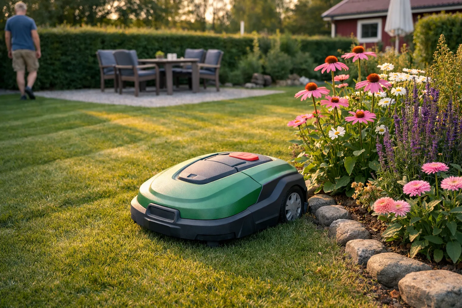 Robotgräsklippare på gräsmatta vid en rabatt.