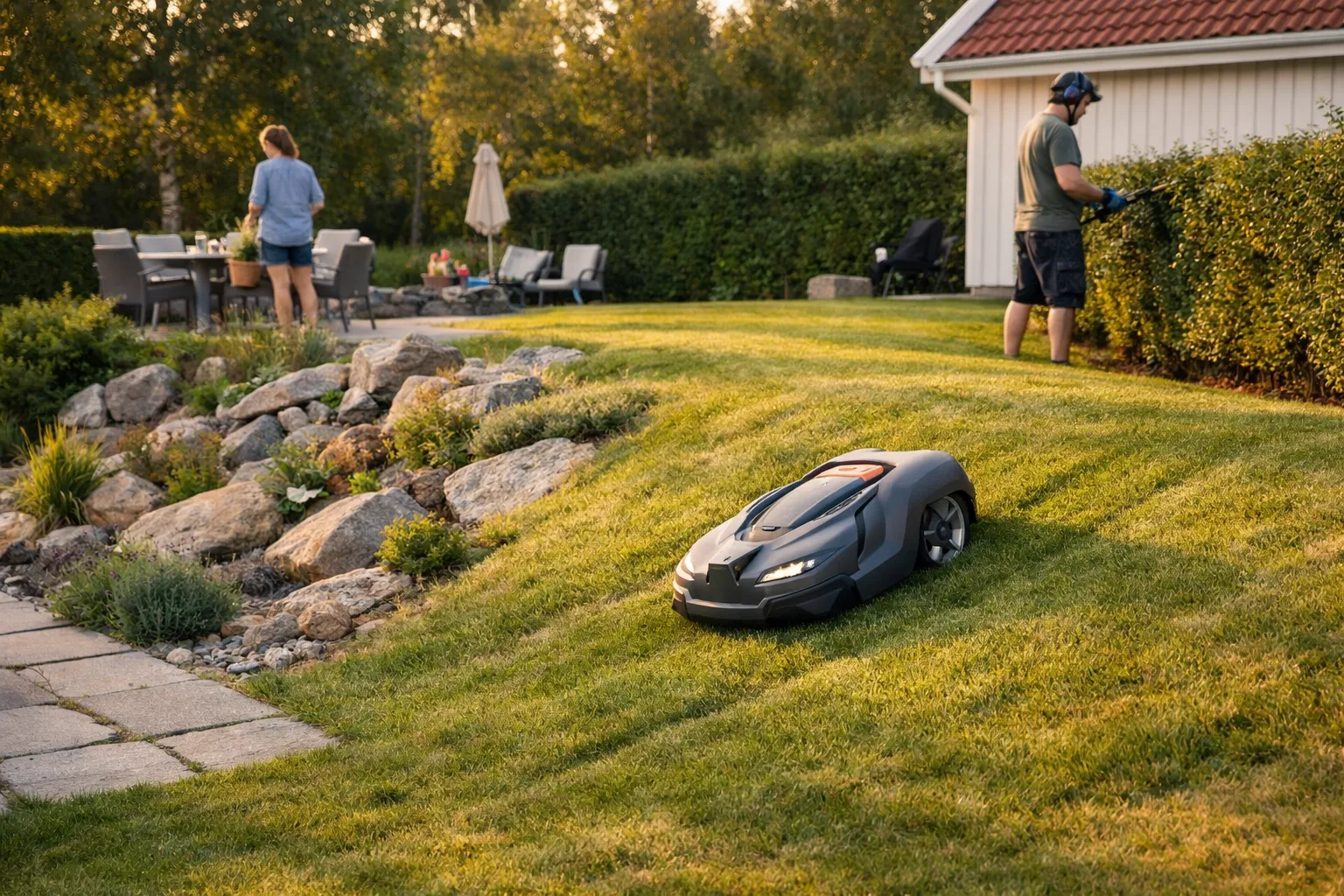 Robotgräsklippare klipper en gräsbank i en slänt.