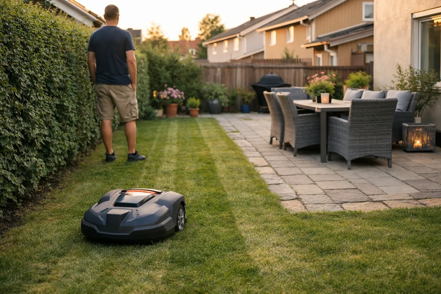 Robotgräsklippare på en liten gräsmatta vid en uteplats.