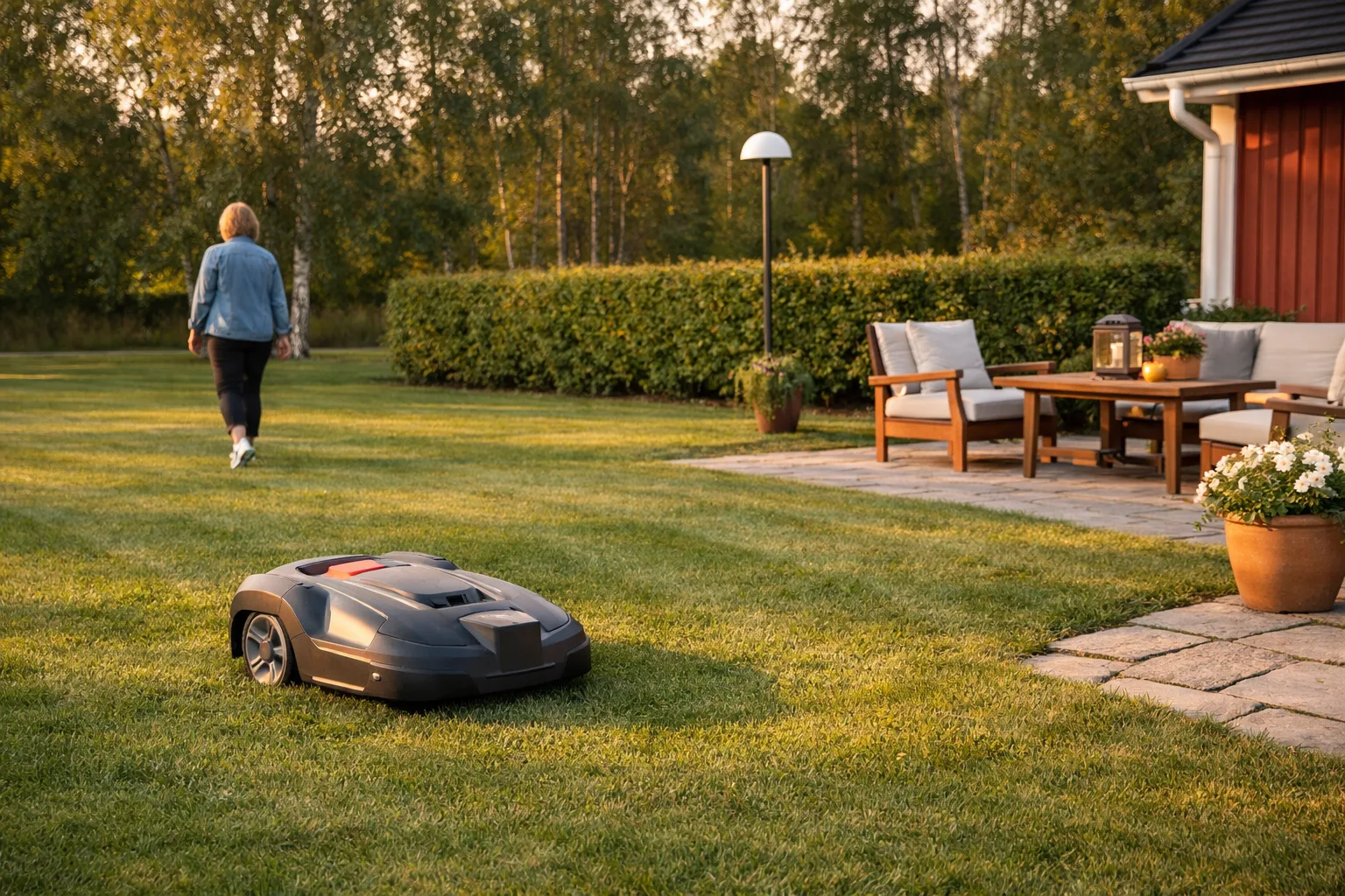 Robotgräsklippare på en öppen gräsmatta med antennstation.